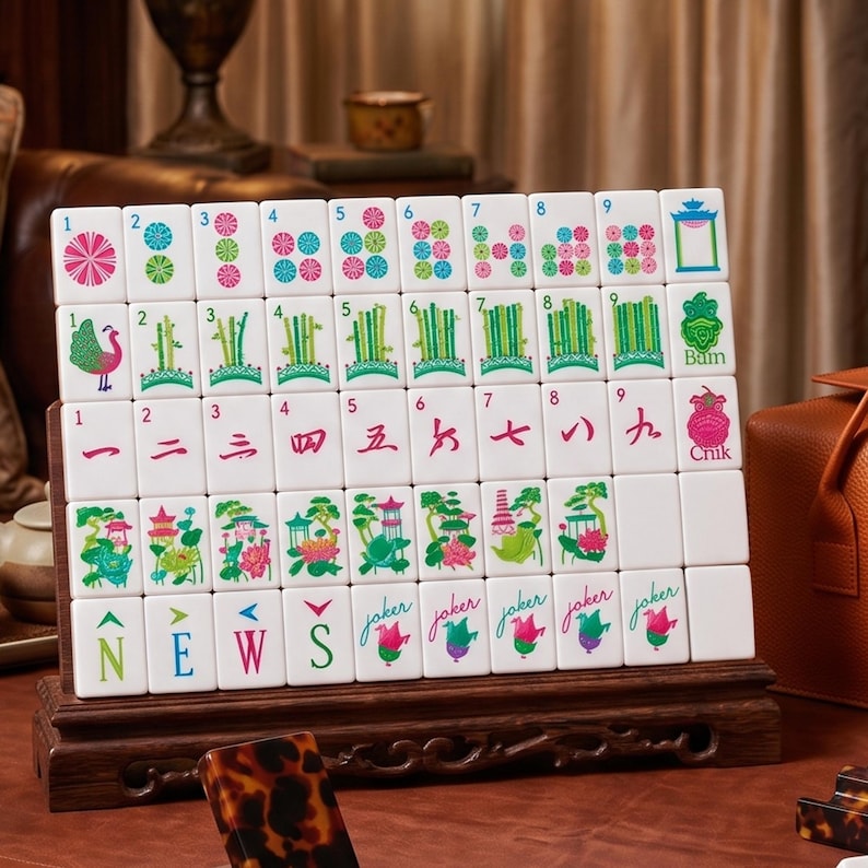 May include: A set of white Mahjong tiles arranged in five rows on a dark wooden display stand. The tiles feature colorful illustrations of flowers, bamboo, Chinese numerals, the letters N, E, W, S, and the word Joker with a floral graphic.