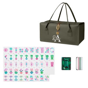 May include: An olive green rectangular carrying case with a gold leaf charm and the name Allan printed on the front, accompanied by a set of white mahjong tiles featuring colorful floral and lantern designs, plus two additional rectangular game pieces.