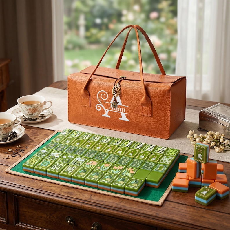 May include: A tan leather carrying case with a leaf-shaped charm and the letter A printed on the front, accompanied by a set of green and orange mahjong tiles arranged on a green mat, with a small stack of tiles placed to the right side.