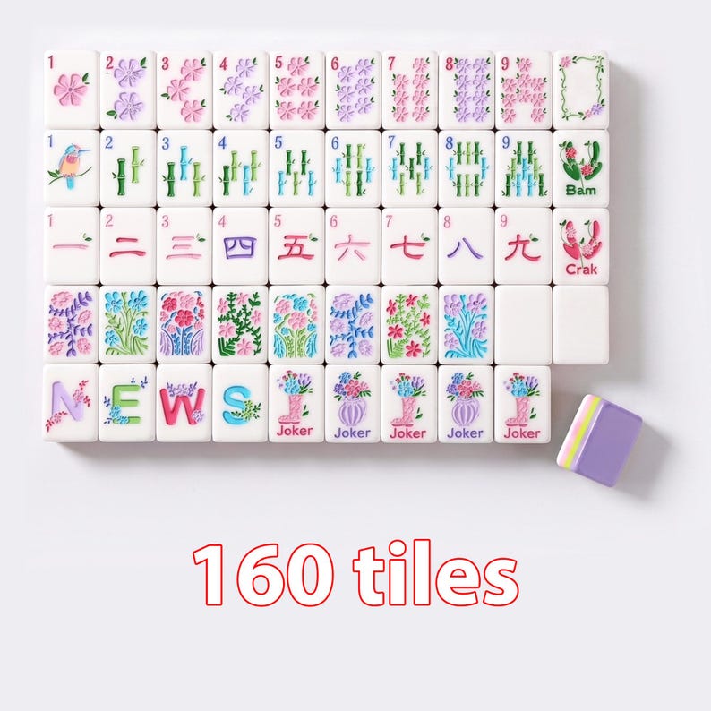 May include: A set of 160 white mahjong tiles featuring colorful floral, bamboo, bird, and Chinese character designs. The tiles include letters spelling NEWS, Joker tiles with flower vases, and specific suit markings with numbers 1 through 9.