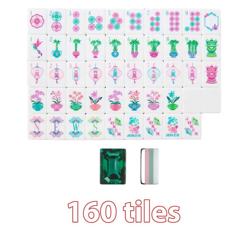 May include: A set of 160 white mahjong tiles featuring colorful illustrations of flowers, bamboo, lanterns, and text including NEWS and JOKER. The collection includes a solid emerald green rectangular tile and a striped white, pink, and green tile.