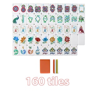 May include: A set of 160 white mahjong tiles featuring colorful illustrations of flowers, bamboo, dragons, and Chinese characters. The tiles include numbered suits, directional markers, joker tiles, and a solid orange back, with the text 160 tiles below.