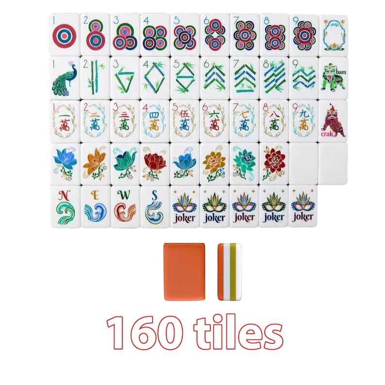 May include: A set of 160 white mahjong tiles featuring colorful illustrations of flowers, bamboo, dragons, and Chinese characters. The tiles include numbered suits, directional markers, joker tiles, and a solid orange back, with the text 160 tiles below.