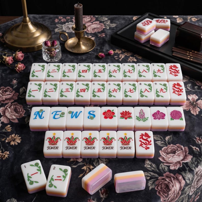 K&ouml;nnte beinhalten: Ein Set rechteckiger Mahjong-Spielsteine mit wei&szlig;en Oberfl&auml;chen, bunten Blumenmotiven, chinesischen Ziffern, Drachensymbolen und dem Wort NEWS. Die Spielsteine haben eine geschichtete Basis in den Farben Wei&szlig;, Orange und Violett.