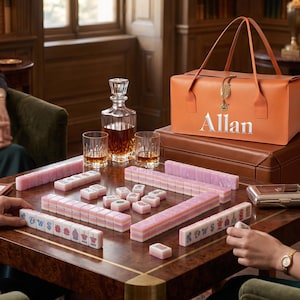 May include: A mahjong set with pink tiles featuring various symbols and the word NEWS, arranged on a wooden table. An orange leather carrying case with the name Allan printed in silver sits nearby, alongside a glass decanter and two whiskey glasses.