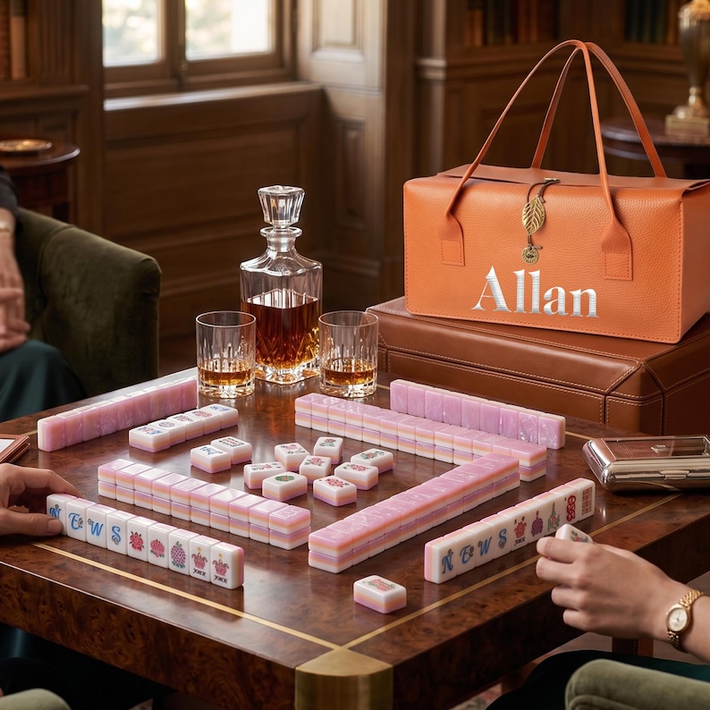 May include: A mahjong set with pink tiles featuring various symbols and the word NEWS, arranged on a wooden table. An orange leather carrying case with the name Allan printed in silver sits nearby, alongside a glass decanter and two whiskey glasses.