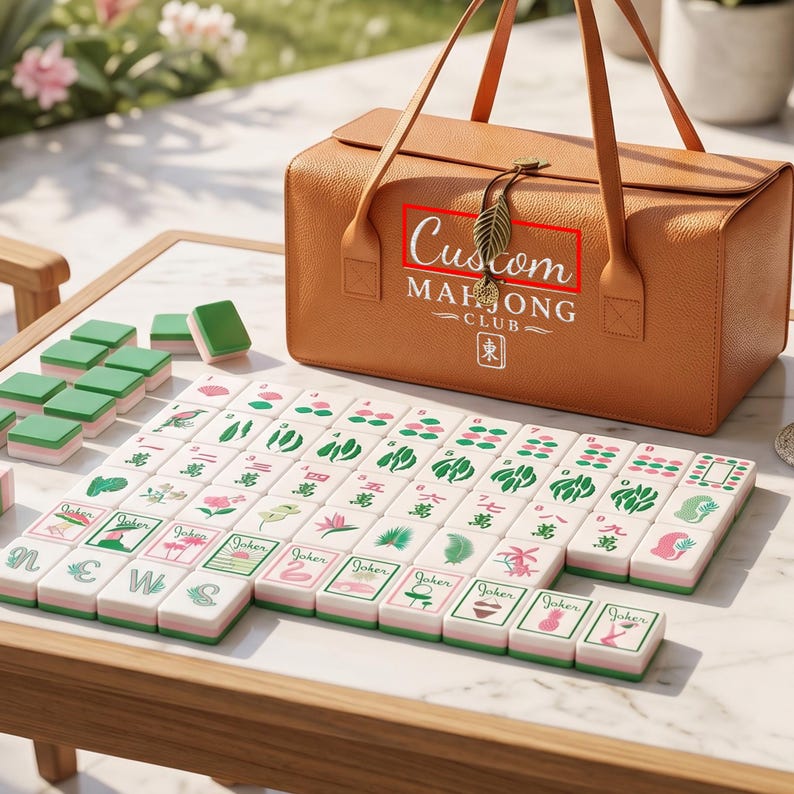 May include: A tan leather carrying case with the text Custom MAH JONG CLUB and a leaf charm, accompanied by a set of rectangular game tiles featuring green, pink, and white designs, including various floral, joker, and numerical symbols.