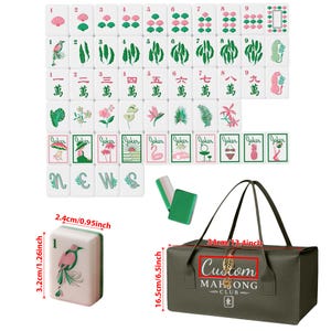Aesthetic Floral Mahjong Set with Custom Travel Leather Case,Pastel Green Pink Tiles Mahjong Gift for Her,Unique Table Game Set Gift for Mom Mahjong &green bag