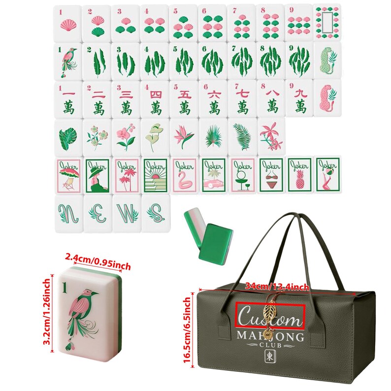 Aesthetic Floral Mahjong Set with Custom Travel Leather Case,Pastel Green Pink Tiles Mahjong Gift for Her,Unique Table Game Set Gift for Mom Mahjong &green bag
