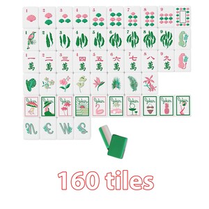 Aesthetic Floral Mahjong Set with Custom Travel Leather Case,Pastel Green Pink Tiles Mahjong Gift for Her,Unique Table Game Set Gift for Mom Only Mahjong