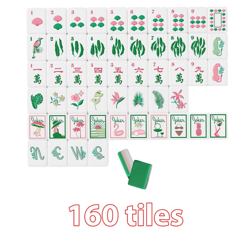 Aesthetic Floral Mahjong Set with Custom Travel Leather Case,Pastel Green Pink Tiles Mahjong Gift for Her,Unique Table Game Set Gift for Mom Only Mahjong