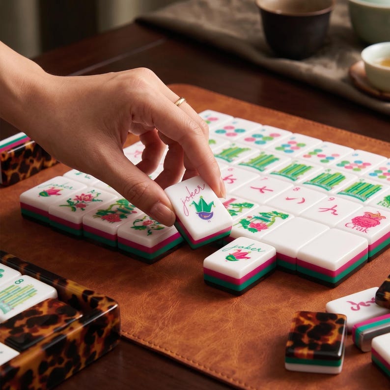 May include: A set of white mahjong tiles with green and pink floral and bamboo designs, including tiles labeled Joker. The tiles feature a layered construction with a white top, a pink middle, and a green base, arranged on a brown leather surface.
