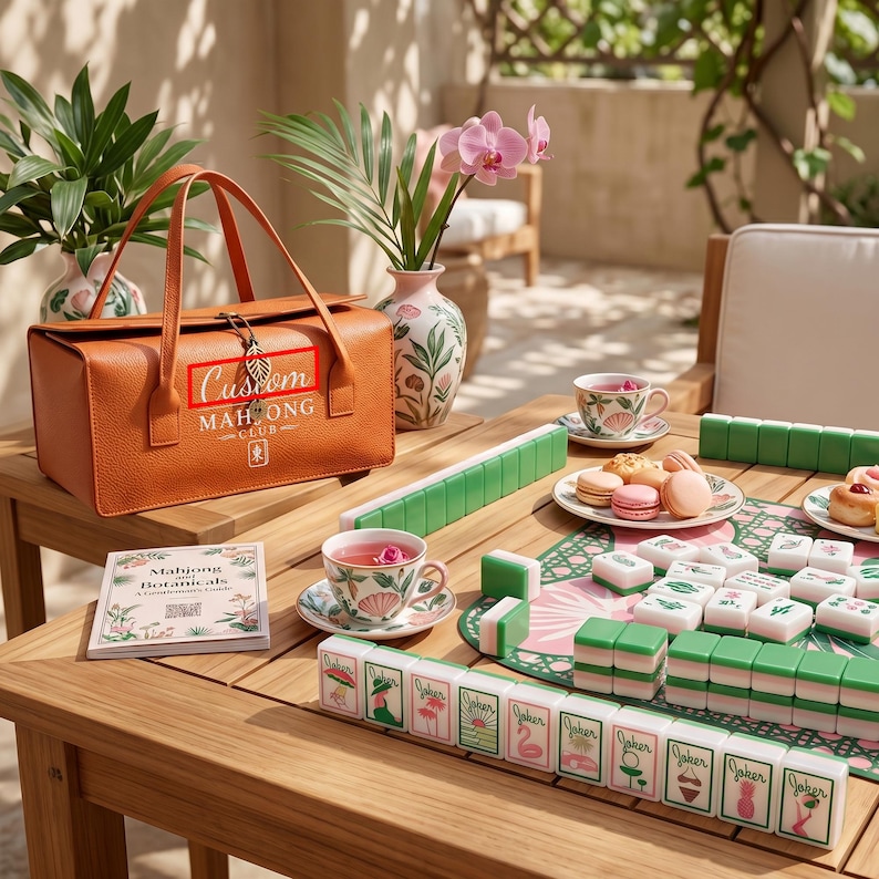 May include: A tan leather mahjong carrying case with a leaf charm and the text Custom MAHJONG CLUB, accompanied by a matching game set, green tiles with pink illustrations, a floral teacup, a book titled Mahjong and Botanicals, and macarons.