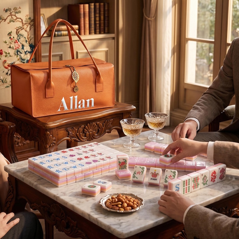 May include: An orange textured carrying case with the name Allan printed in white and a gold leaf charm, sitting on a wooden table with a mahjong set featuring tiles with colorful symbols, two glass cups, and a small bowl of nuts.