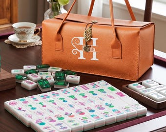 Personalized  Luxury Mahjong Set with Embroidery Travel Case | Emerald Green Crystal Mahjong Tiles | Elegant Gift for Mahjong Lovers