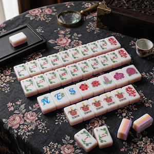 K&ouml;nnte beinhalten: Ein Set aus wei&szlig;en Mahjong-Spielsteinen mit roten, gr&uuml;nen und blauen Tintenmotiven, darunter chinesische Schriftzeichen, Blumenmuster, Drachen und Joker-Beschriftungen. Die Steine haben eine geschichtete wei&szlig;-orange-violette Basis.
