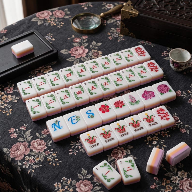 K&ouml;nnte beinhalten: Ein Set aus wei&szlig;en Mahjong-Spielsteinen mit roten, gr&uuml;nen und blauen Tintenmotiven, darunter chinesische Schriftzeichen, Blumenmuster, Drachen und Joker-Beschriftungen. Die Steine haben eine geschichtete wei&szlig;-orange-violette Basis.
