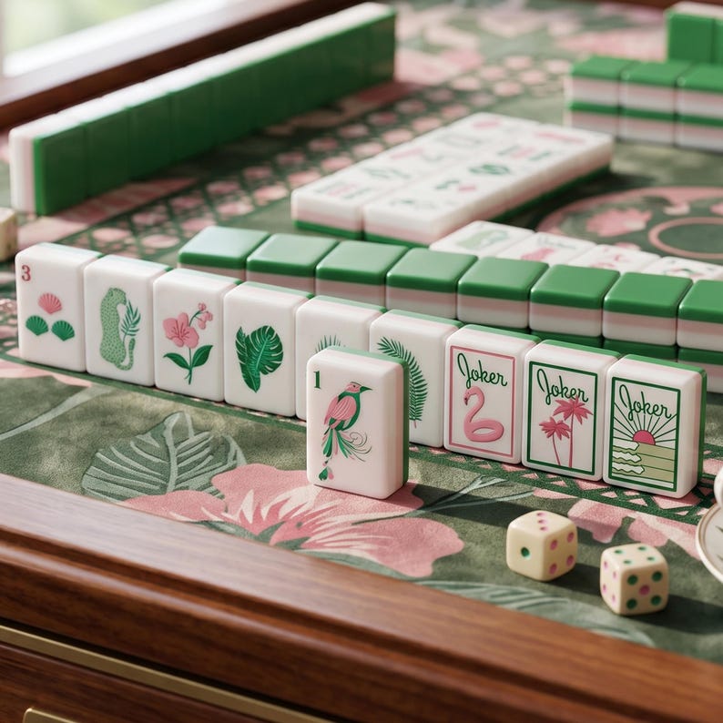 May include: A Mahjong set featuring white tiles with green and pink botanical, animal, and tropical illustrations. The tiles include Joker cards with flamingo, palm tree, and sunset designs. Two cream-colored dice with pink dots sit on a floral mat.