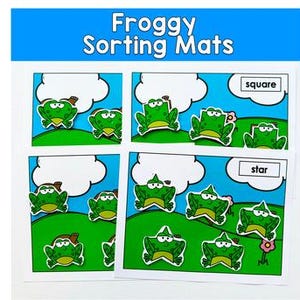 May include: Educational sorting mats featuring green frog cutouts with various shapes. The mats include the text "Froggy Sorting Mats" and labels like "square" and "star". The background shows a blue sky with white clouds and green grass.