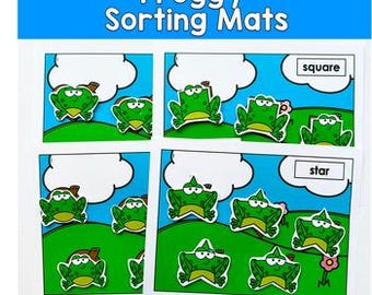 May include: Educational sorting mats featuring green frog cutouts with various shapes. The mats include the text "Froggy Sorting Mats" and labels like "square" and "star". The background shows a blue sky with white clouds and green grass.