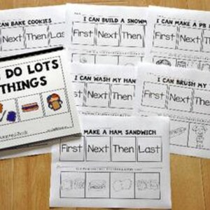 Op de afbeelding: Een stapel bedrukte werkbladen en een klein boekje met de titel "I Can Do Lots of Things". De werkbladen bevatten de zinnen "I Can Bake Cookies", "I Can Build a Snowman" en "I Can Make a PB&J Sandwich."
