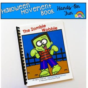 以下が含まれることがあります： 「The Zombie Wobble」というタイトルの、ハロウィーンの動きの本。表紙には、緑色の肌、赤と黒のストライプのシャツ、青いズボンを着た漫画のゾンビが描かれています。本のタイトルはイラストの上にあります。