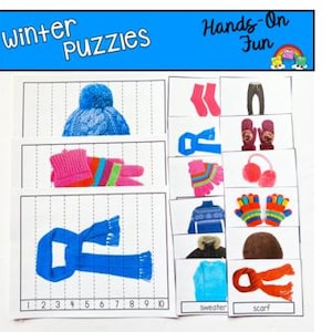 May include: A set of winter-themed puzzles featuring various cold-weather accessories. The puzzles include images of a blue hat, pink socks, gray pants, a pink and green scarf, blue gloves, and a blue scarf. The text "Winter Puzzles" and "Hands-On Fun" are displayed.