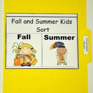 May include: A yellow file folder with a white label that reads "Fall and Summer Kids Sort." The label has two sections: "Fall" with a cartoon girl and "Summer" with a cartoon boy under an umbrella. A smaller label on the tab also reads "Fall and Summer Kids Sort."