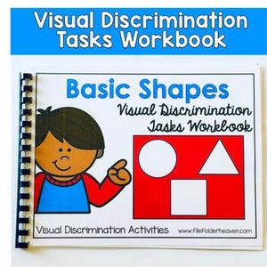 Peut inclure: Un cahier à spirales intitulé "Visual Discrimination Tasks Workbook". La couverture présente un enfant de dessin animé pointant vers un rectangle rouge avec un cercle, un carré et un triangle blancs. Les mots "Basic Shapes" sont également visibles.