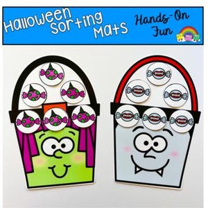 May include: Two Halloween-themed sorting mats with the text "Halloween Sorting Mats Hands-On Fun". One mat features a green witch face and the other a gray vampire face. Each mat has candy-themed circles.