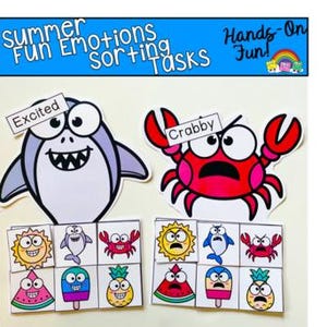 May include: A vibrant educational resource with a shark labelled "Excited" and a crab labelled "Crabby." Below are matching emotion cards with images of a sun, shark, crab, watermelon, ice lolly, and pineapple. Text at the top reads "Summer Fun Emotions Sorting Tasks" and "Hands-On Fun!"