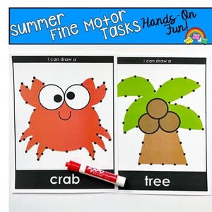 May include: Two activity sheets for fine motor skills. One sheet features a red crab, the other a brown tree with green leaves. A red dry-erase marker is included. Text reads "Summer Fine Motor Tasks Hands-On Fun!" and "I can draw a crab" and "I can draw a tree."