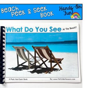 Pode incluir: Um "Beach Peek & Seek Book" com o título "What Do You See At The Beach?" apresenta duas cadeiras de praia numa praia arenosa com um oceano azul ao fundo. O livro tem encadernação em espiral e o texto "Hands-On Fun!" e "A Peek And Seek Book".