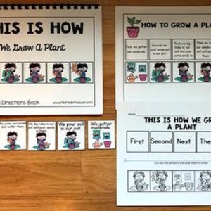 May include: A set of educational materials titled "THIS IS HOW We Grow A Plant." The materials include a spiral-bound book, a chart, and cut-out cards. The illustrations depict the steps of planting a seed, with text instructions.