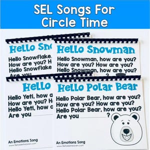 Op de afbeelding: Kaarten met de tekst "SEL Songs For Circle Time" in een blauwe banner. De kaarten bevatten songteksten met titels als "Hello Snowflake", "Hello Snowman" en "Hello Polar Bear". Een cartoon ijsbeer staat op een kaart.