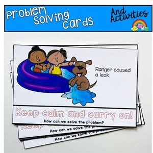Puede incluir: Una pila de tarjetas de resolución de problemas con el texto "Problem Solving Cards And Activities". Las tarjetas presentan ilustraciones de niños y un perro, con el texto "Ranger caused a leak" y "Keep calm and carry on!"