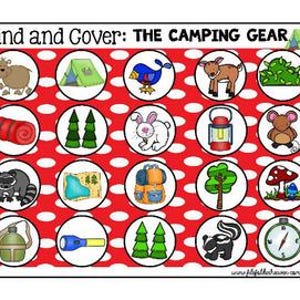 May include: A red and white educational poster titled "Find and Cover: The Camping Gear." The poster features various camping-related illustrations inside white circles, including a tent, backpack, and compass.