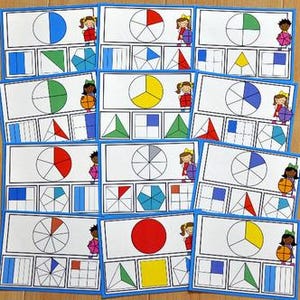 May include: Educational flashcards featuring fractions and geometric shapes. Each card displays a circle divided into sections, along with corresponding shapes and a child illustration. The cards are designed for learning and visual understanding of fractions.