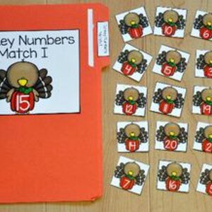 May include: An orange file folder labeled "Turkey Numbers Match I" with a turkey graphic and the number 15. Beside it are 16 small cards with turkey graphics and numbers 1-20, perfect for a matching game.