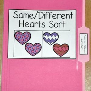 以下が含まれることがあります： 「Same/Different Hearts Sort」と書かれたラベルが付いたピンク色のファイルフォルダー。ラベルには、水玉模様とジグザグ模様の4つのハートが表示されています。フォルダーのタブにも「Same and Different Hearts Sort」と書かれています。