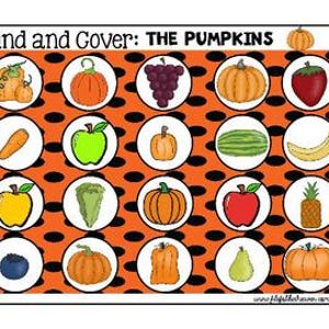 May include: A vibrant educational game board with a black and orange polka dot background. The game features various fruits and vegetables inside white circles, including pumpkins, apples, and a banana. The text "Find and Cover: The Pumpkins" is at the top.