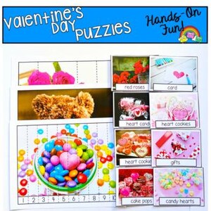 Può includere: Puzzle di San Valentino con immagini di rose rosse, caramelle a forma di cuore, biscotti a forma di cuore e cake pops. I puzzle includono anche una ciotola di caramelle colorate e il testo "Hands-On Fun!"