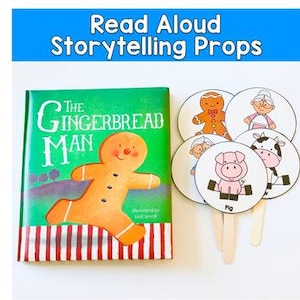 Può includere: Un libro verde con copertina rigida intitolato "The Gingerbread Man" con un'illustrazione colorata di un omino di pan di zenzero. Accanto al libro ci sono diversi oggetti di scena rotondi per la narrazione su bastoncini, con personaggi come un omino di pan di zenzero, un maiale, una mucca e una donna anziana. Il testo "Read Aloud Storytelling Props" è in alto.