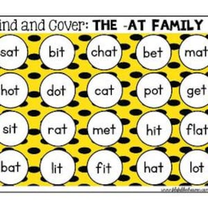 Peut inclure: Une feuille de travail éducative jaune et noire avec le texte "Find and Cover: THE -AT FAMILY." Elle présente une grille de cercles, chacun contenant un mot de trois lettres comme "sat," "bit," et "chat."