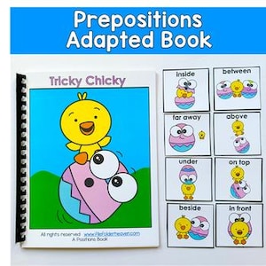 May include: A spiral-bound "Tricky Chicky" adapted book with a cartoon chick on the cover, and cards illustrating prepositions like "inside," "between," and "on top." The book and cards are on a white surface.