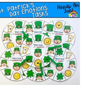 May include: A set of St. Patrick's Day emotion tasks. The tasks are circular with images of leprechauns, shamrocks, and emotion faces. The text on the tasks includes "Which Ones are Happy?" and "Which Ones are Sad?"