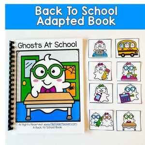 May include: A spiral-bound "Ghosts At School" adapted book with a cartoon ghost wearing glasses and a bow tie. The book is accompanied by several matching picture cards featuring ghosts with school-related items. The text "Back To School Adapted Book" is at the top.