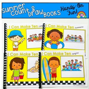 May include: Four spiral-bound "Summer Count & Draw Books" with yellow covers and black text. Each book features a different summer-themed illustration and the text "I Can Make Ten". The top of the image reads "Summer Count & Draw Books Hands-On Fun!"