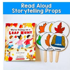 May include: A collection of storytelling props for children. The image includes a book titled "We're Going on a Leaf Hunt" and several circular props with leaf and waterfall illustrations. The text "Read Aloud Storytelling Props" is at the top.