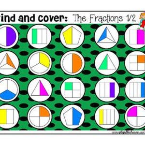 Pode incluir: Um jogo educativo colorido com o texto "Find and Cover: The Fractions 1/2". O tabuleiro apresenta uma grade de círculos brancos, cada um contendo uma fração representada por uma forma colorida. O fundo é verde com bolinhas pretas.